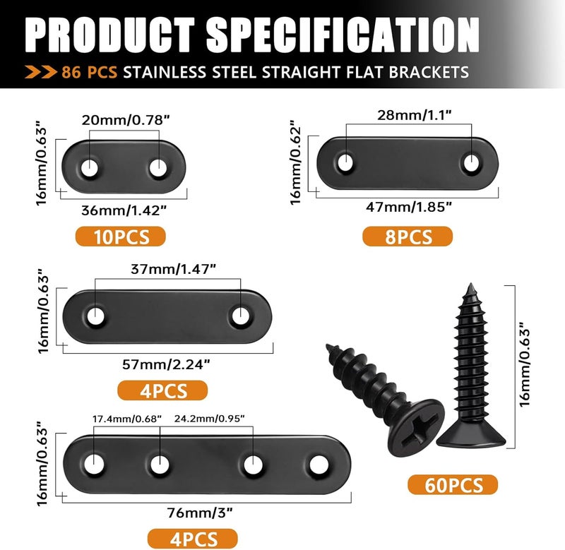 mankk 86PCS Black Straight Flat Metal Bracket Mending Plates Stainless Steel Flat Brace Brackets Fixed Connecting Plate for Wood Repair Fixing - Image 2